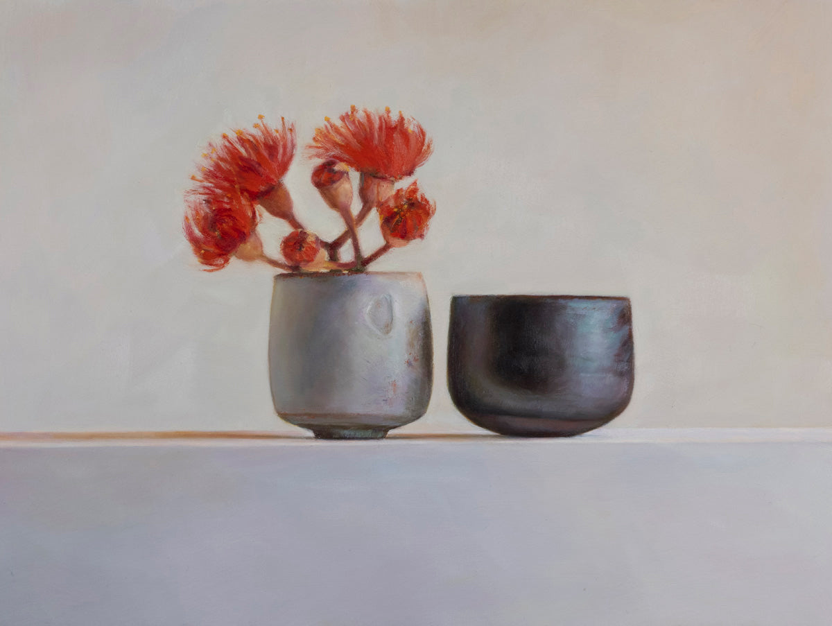Shino teabowl, redgum blossom, and Pilbara ash bowl