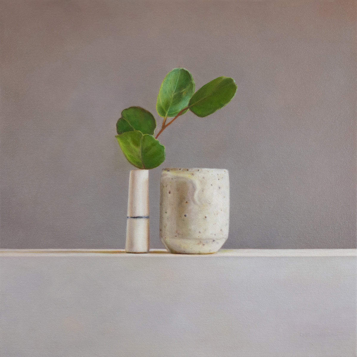 Gum leaves, bud vase and speckled vessel