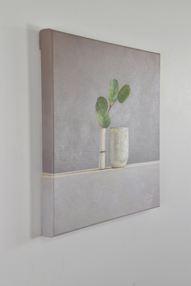 Gum leaves, bud vase and speckled vessel