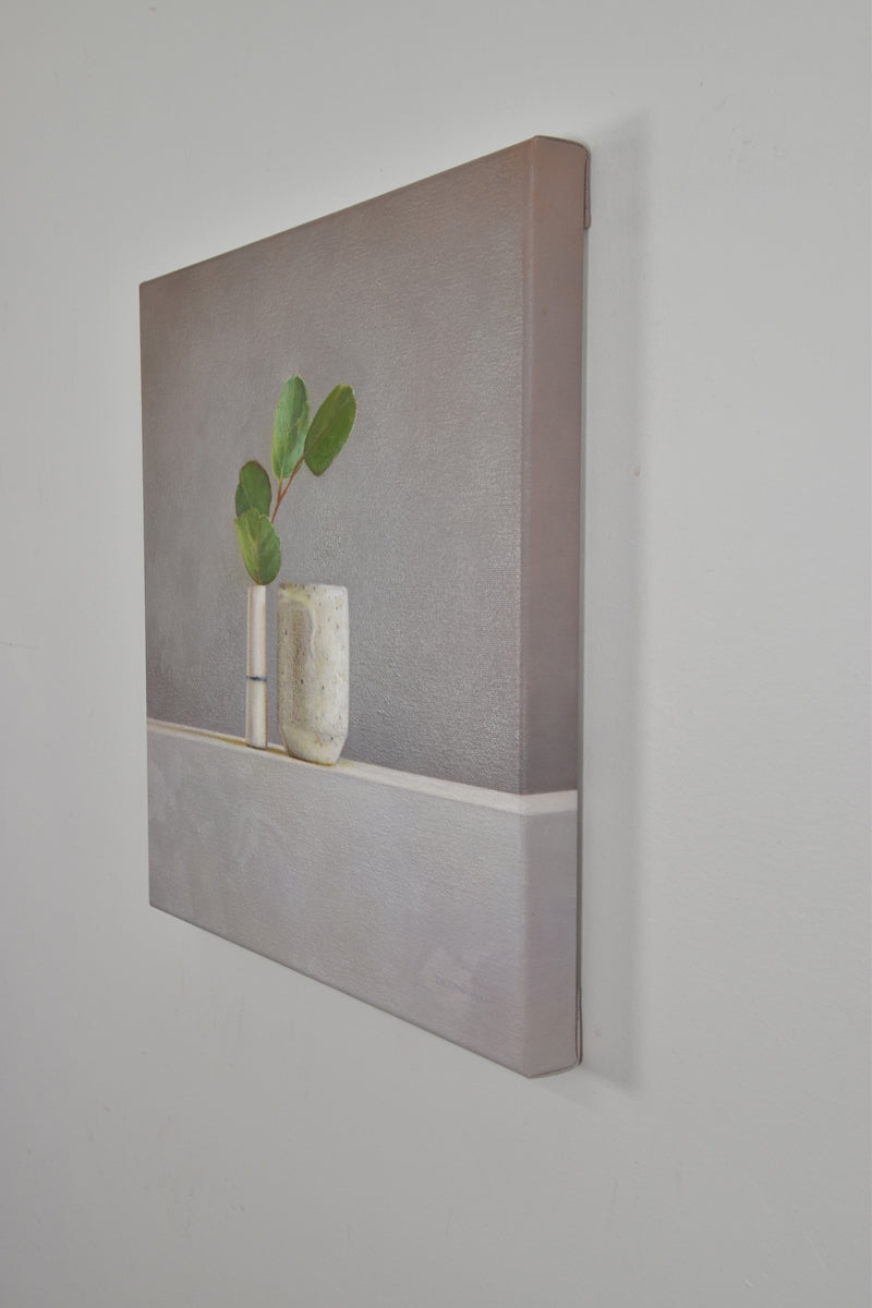 Gum leaves, bud vase and speckled vessel