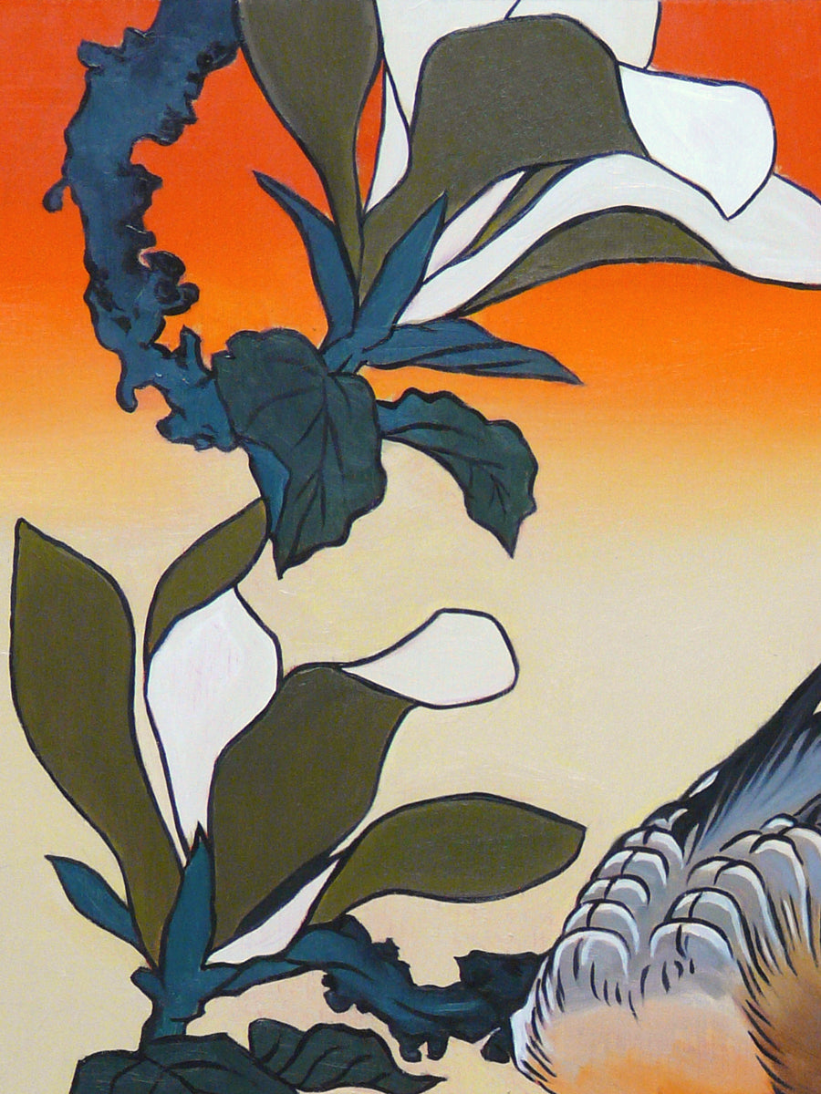 Java sparrow with magnolias after Hokusai