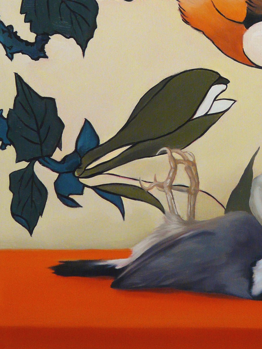 Java sparrow with magnolias after Hokusai