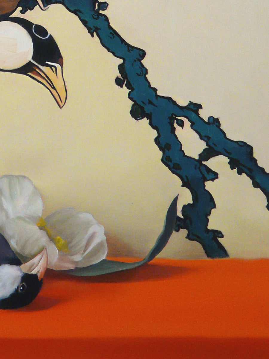 Java sparrow with magnolias after Hokusai
