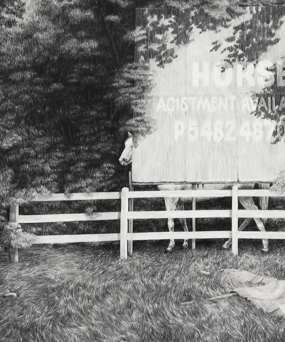 A sign, fence and horses