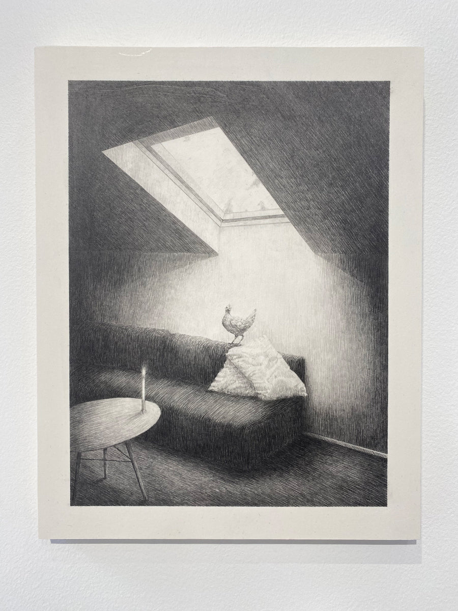 A chicken, living-room, candle and skylight