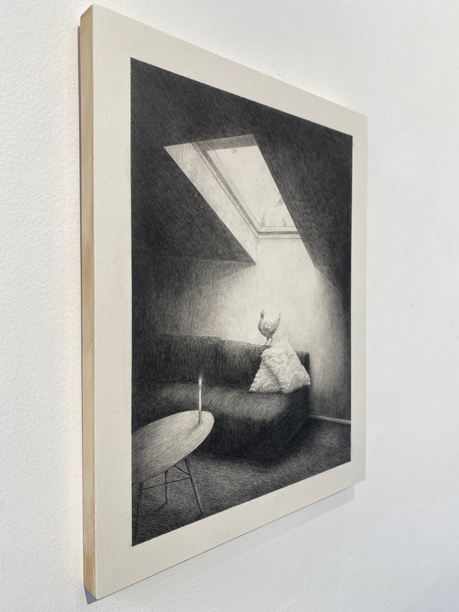 A chicken, living-room, candle and skylight