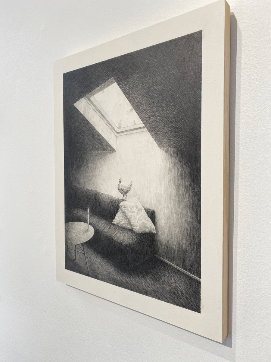 A chicken, living-room, candle and skylight