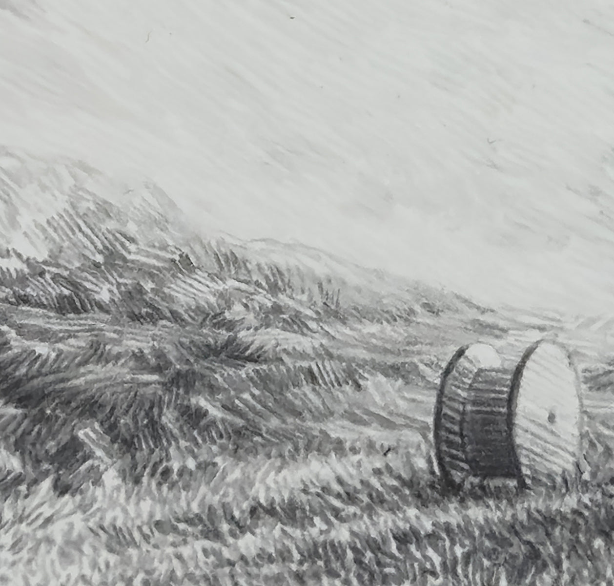 A field, spools, and shadows