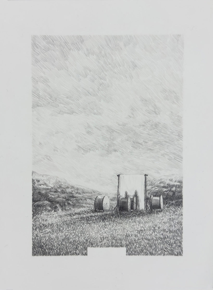 A field, spools, and shadows
