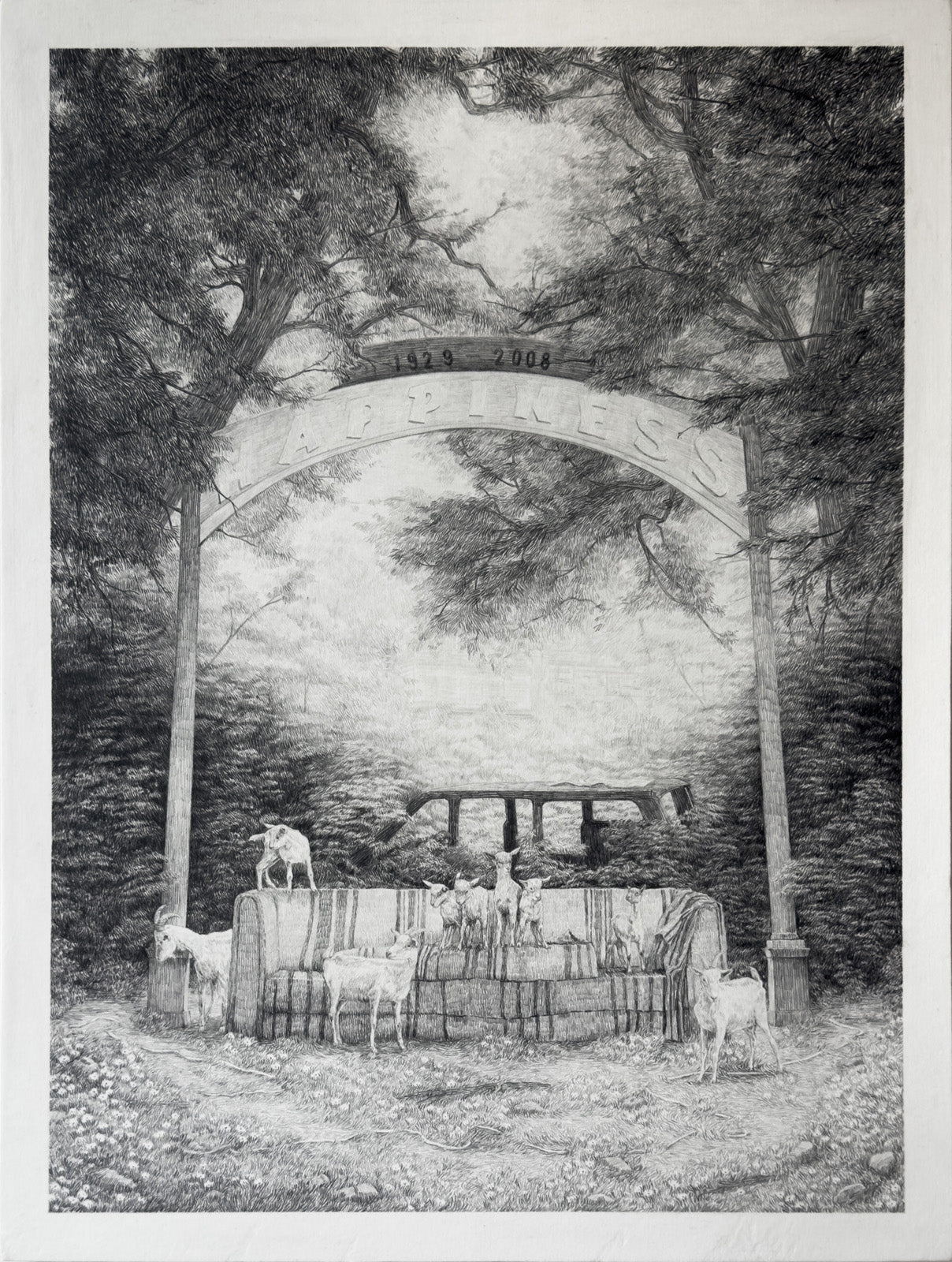 Goats, a couch, and tree