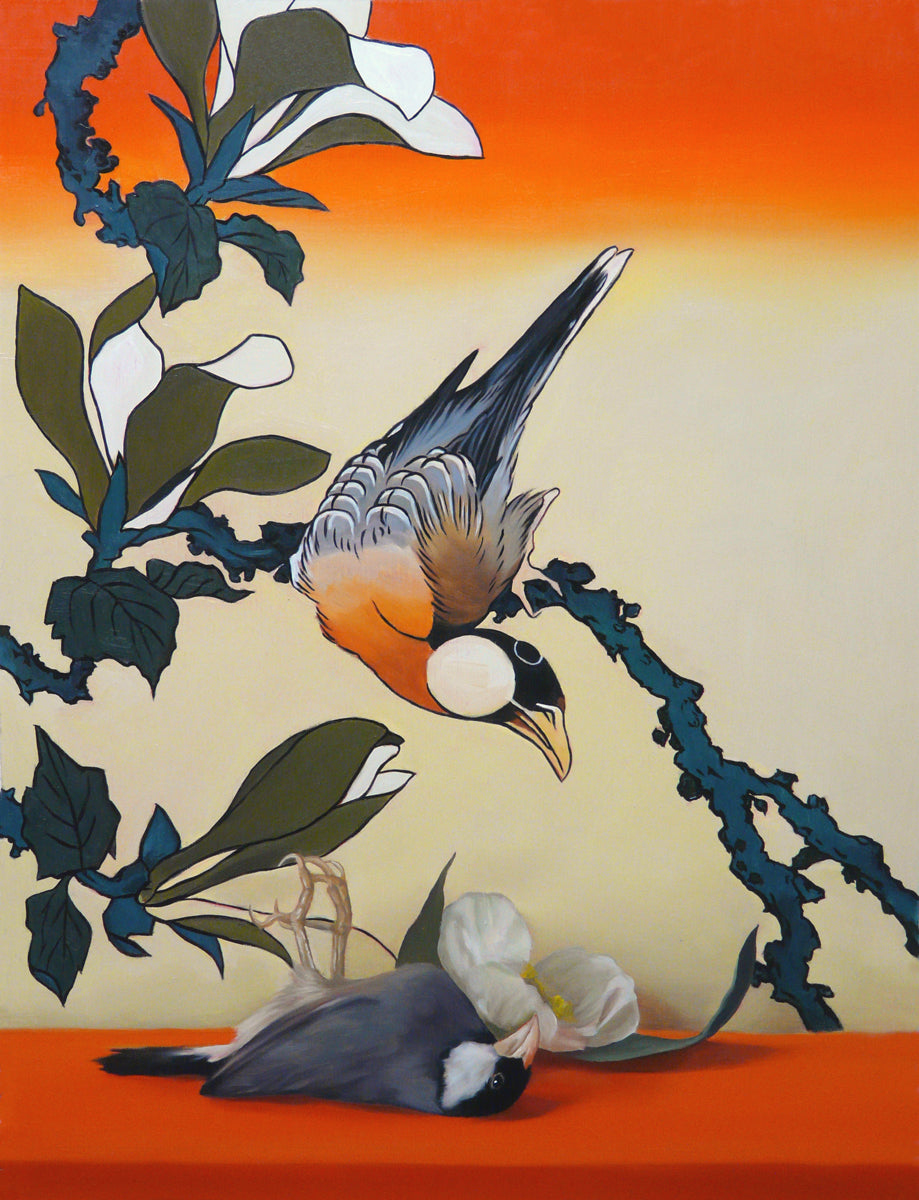 Java sparrow with magnolias after Hokusai