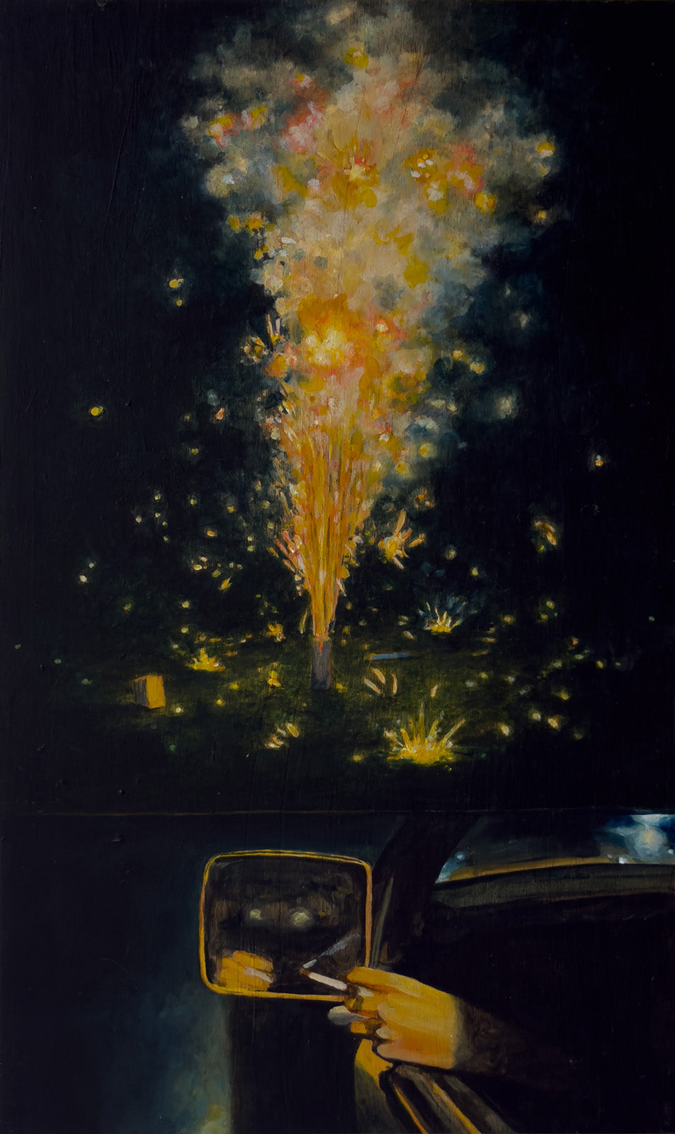 A firework, car and lights