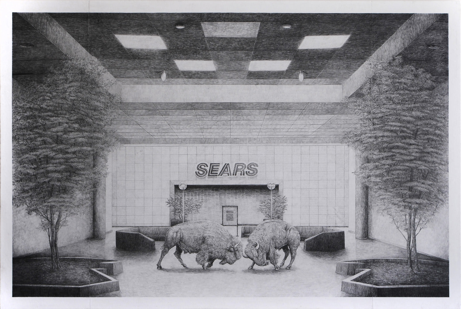 A mall interior and buffalo