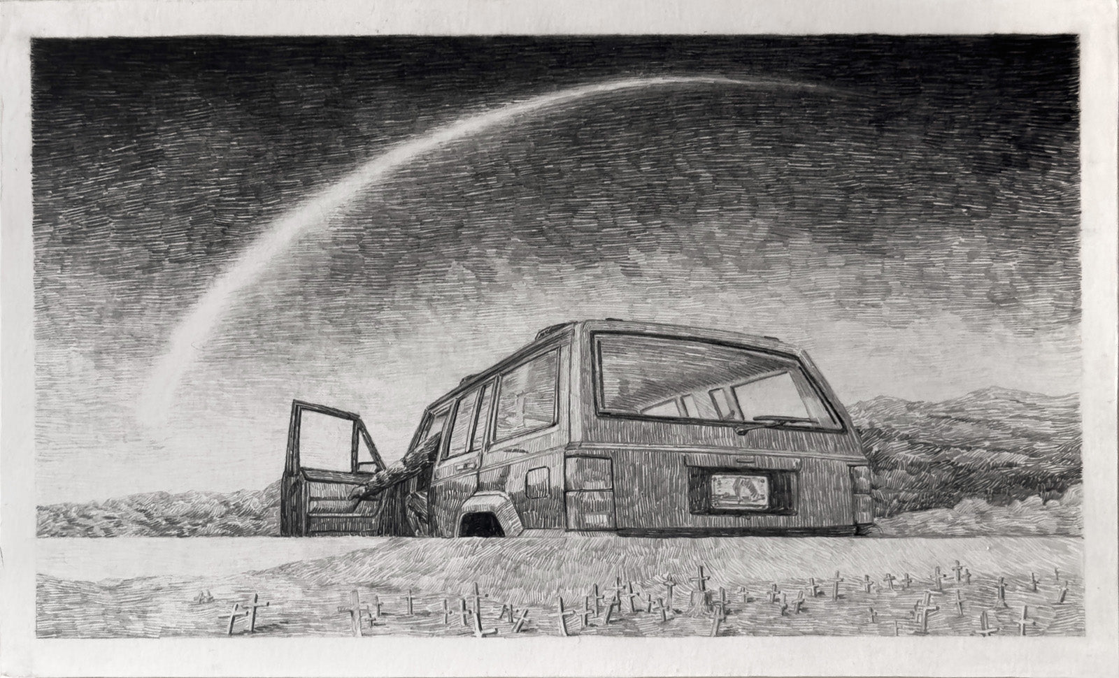 Car, meteor and crosses