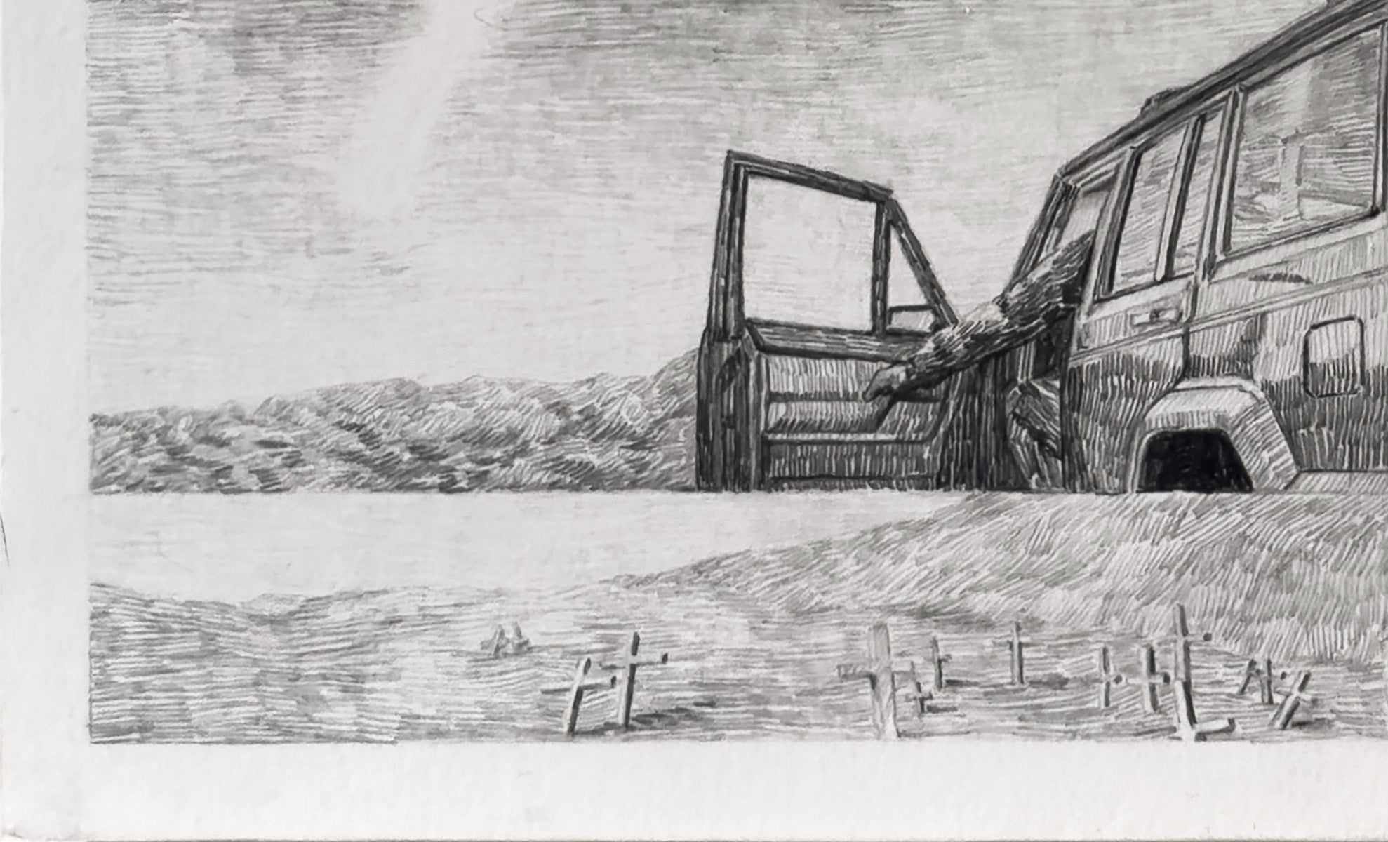 Car, meteor and crosses