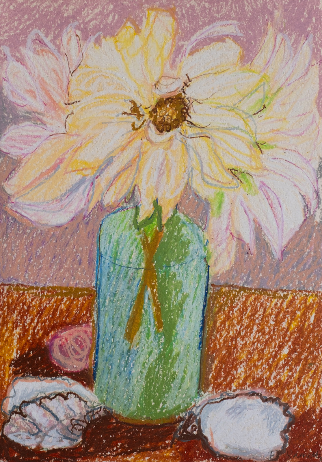 Dahlias in Blue Green Bottle