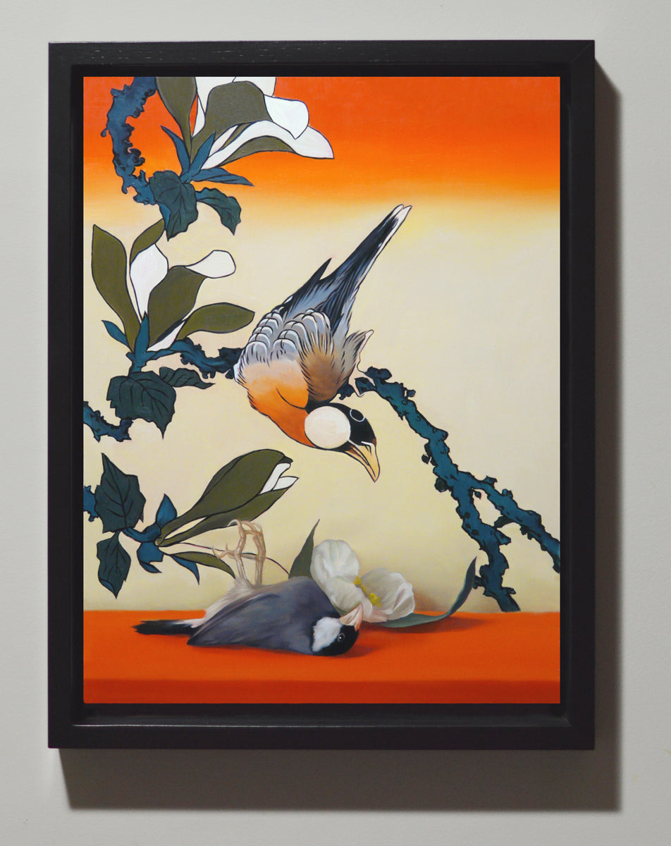 Java sparrow with magnolias after Hokusai